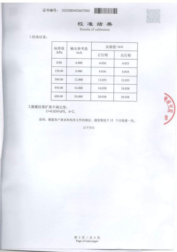 Patent Certificate for Batch Dynamic Aging of SenCALIBRATION CERTIFICATEsors